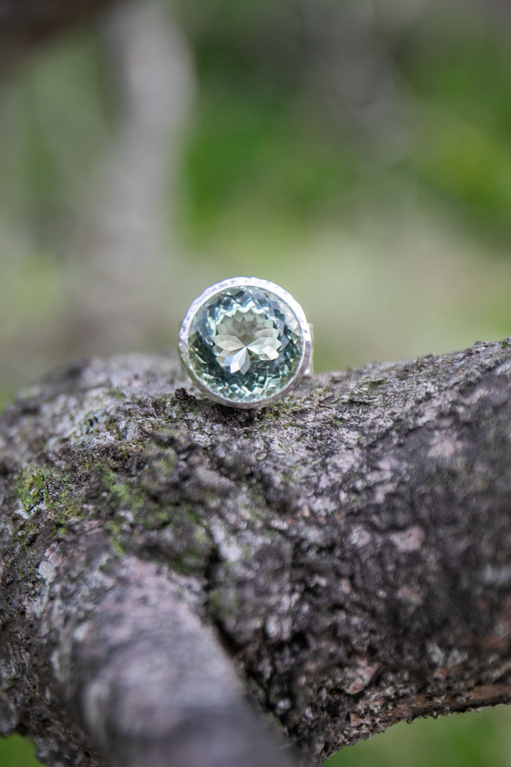 Faceted Round Green Amethyst Ring in Beaten Sterling Silver Setting - Size 9 US