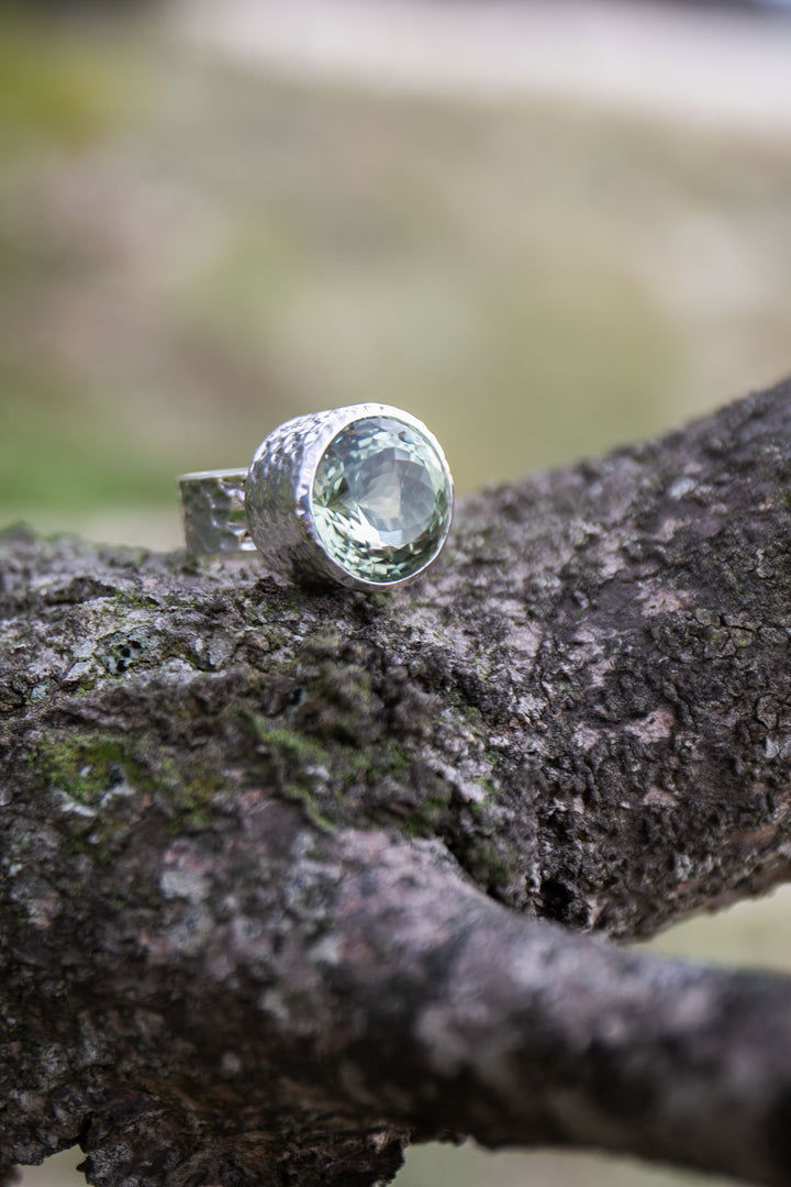 Faceted Round Green Amethyst Ring in Beaten Sterling Silver Setting - Size 9 US