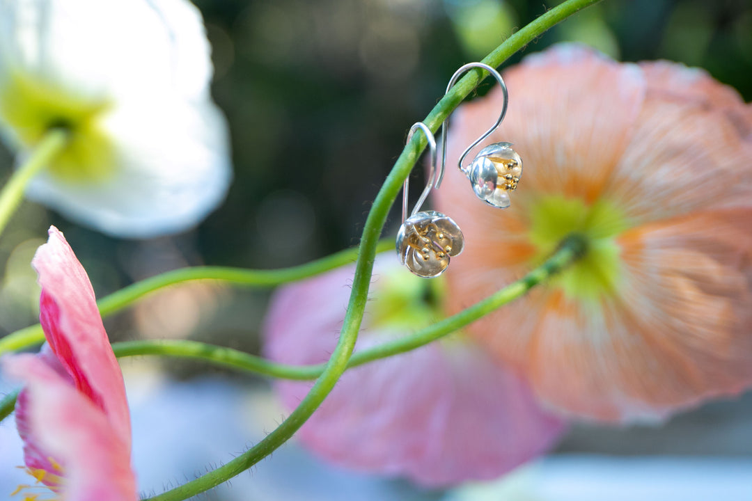 Sweet Silver Flower Earrings with Gold Stamens