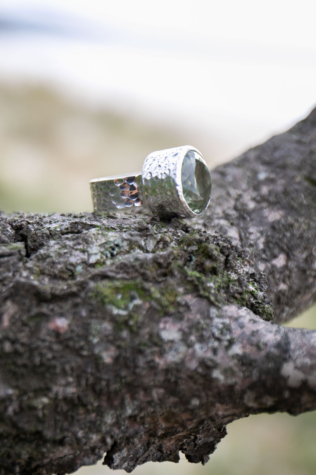 Faceted Round Green Amethyst Ring in Beaten Sterling Silver Setting - Size 9 US