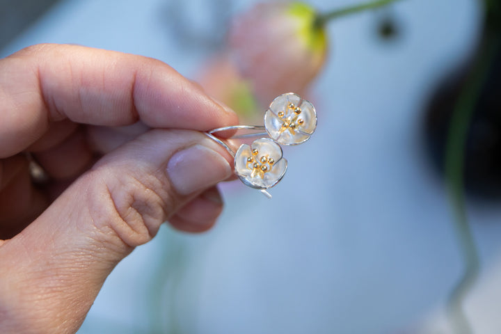 Sweet Silver Flower Earrings with Gold Stamens