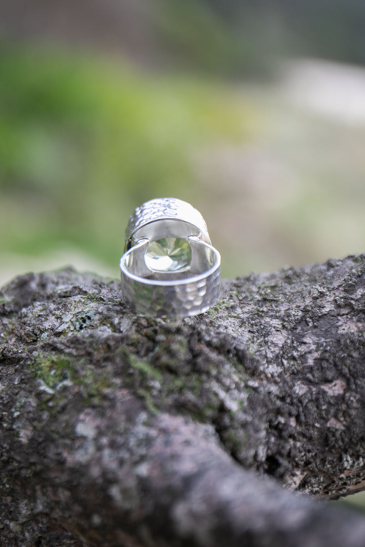Faceted Round Green Amethyst Ring in Beaten Sterling Silver Setting - Size 9 US