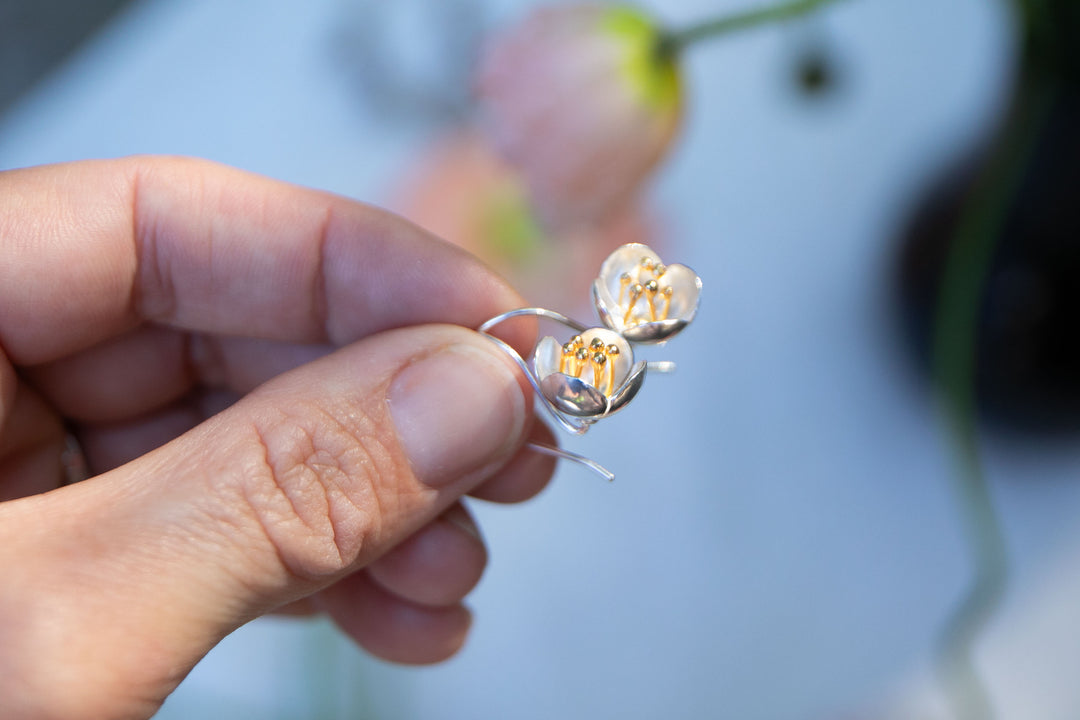 Sweet Silver Flower Earrings with Gold Stamens