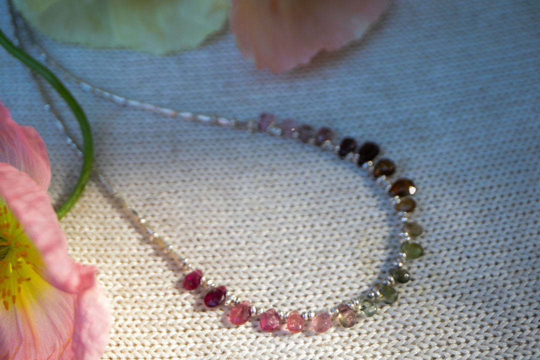 Briolette Watermelon Tourmaline + Thai Hill Tribe Silver Necklace