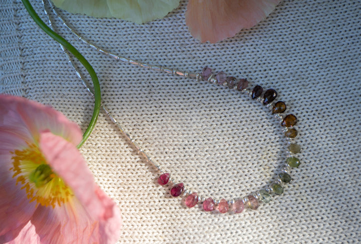 Briolette Watermelon Tourmaline + Thai Hill Tribe Silver Necklace