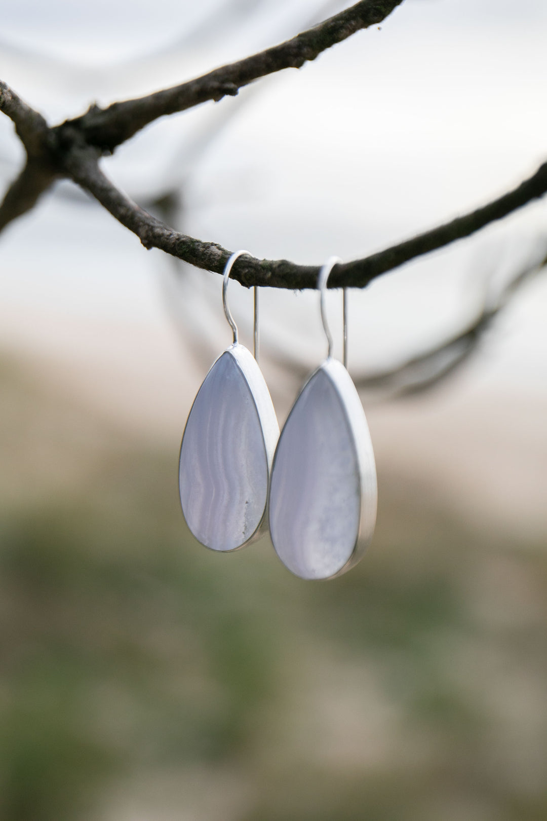 Blue Lace Agate Earrings in Brushed Sterling Silver