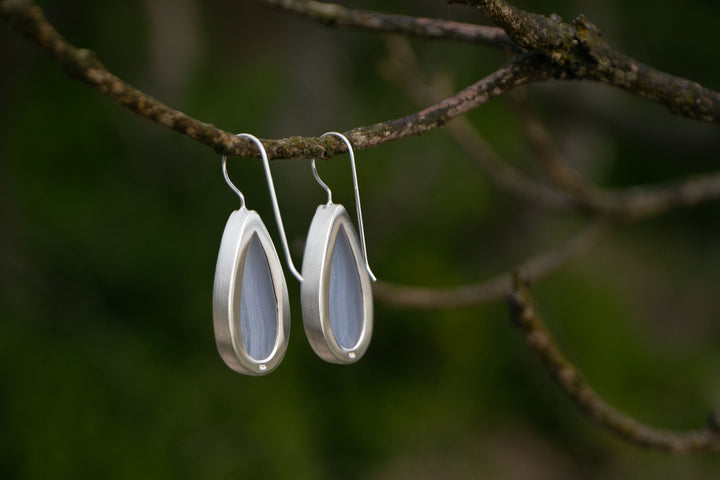 Blue Lace Agate Earrings in Brushed Sterling Silver