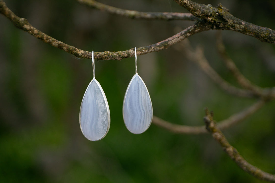 Blue Lace Agate Earrings in Brushed Sterling Silver