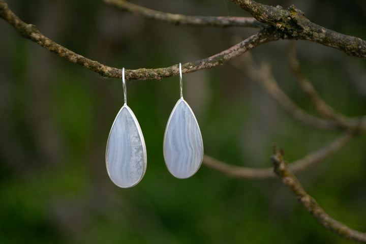 Blue Lace Agate Earrings in Brushed Sterling Silver