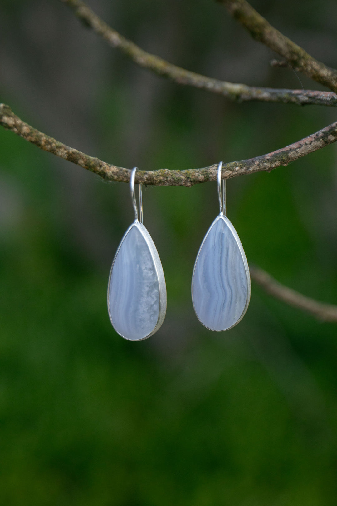 Blue Lace Agate Earrings in Brushed Sterling Silver