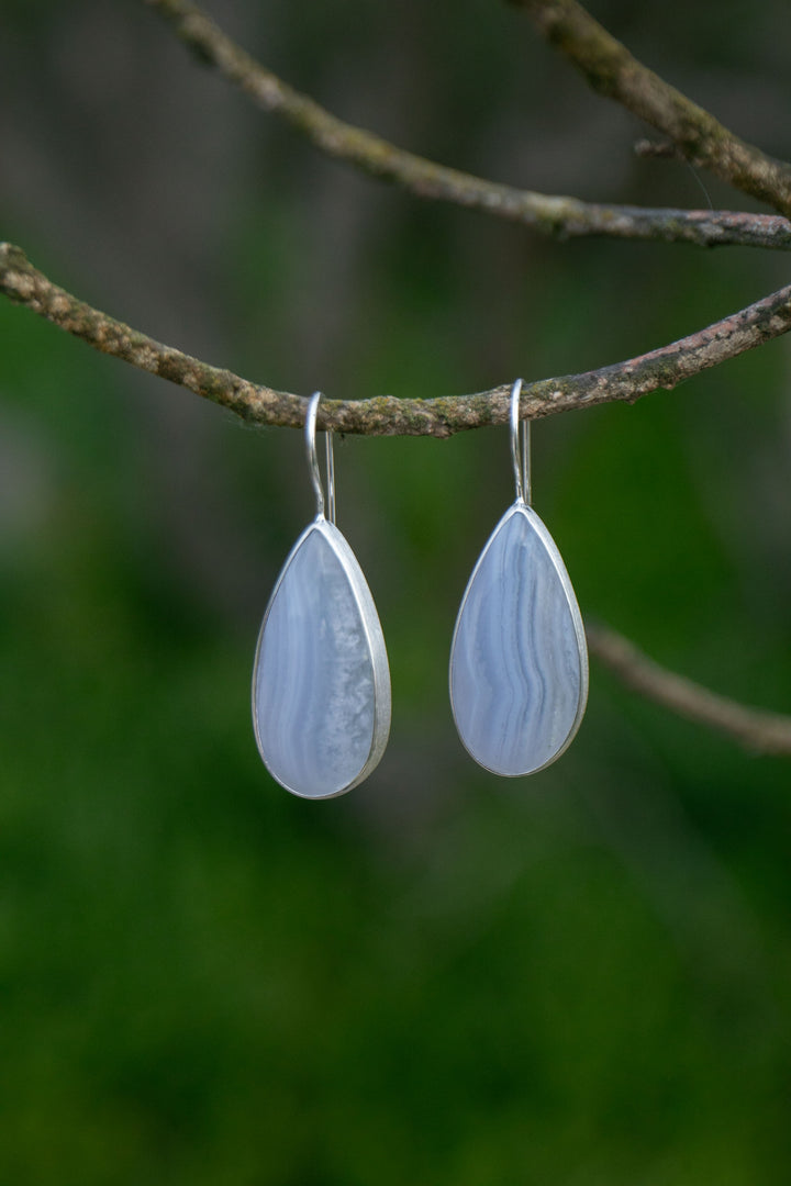 Blue Lace Agate Earrings in Brushed Sterling Silver
