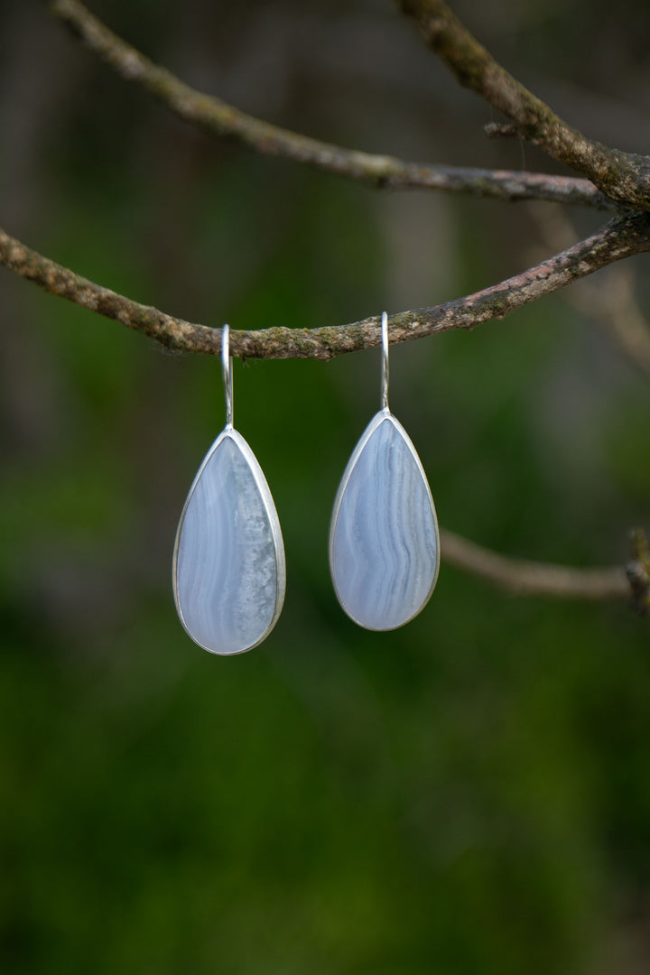 Blue Lace Agate Earrings in Brushed Sterling Silver