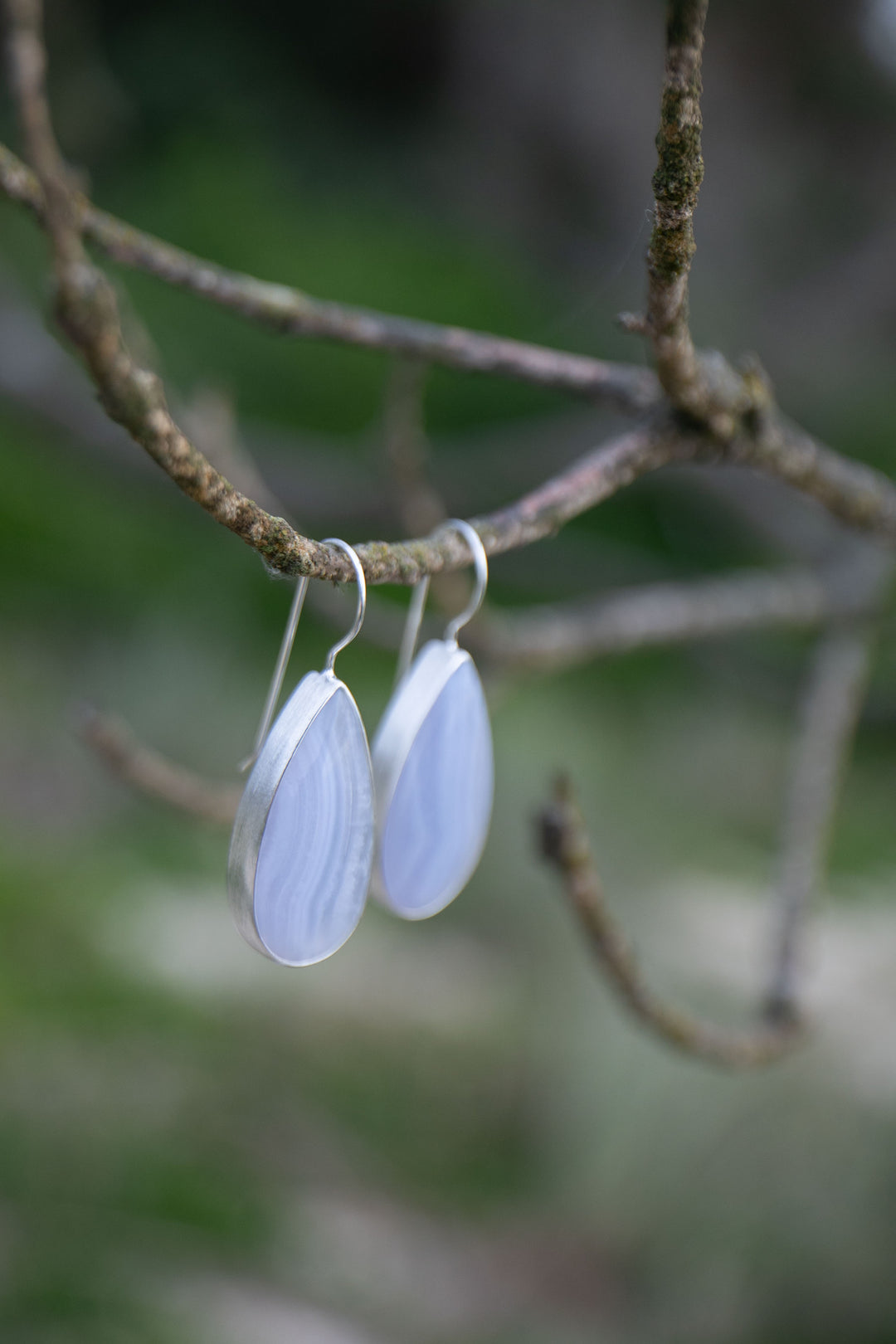 Blue Lace Agate Earrings in Brushed Sterling Silver