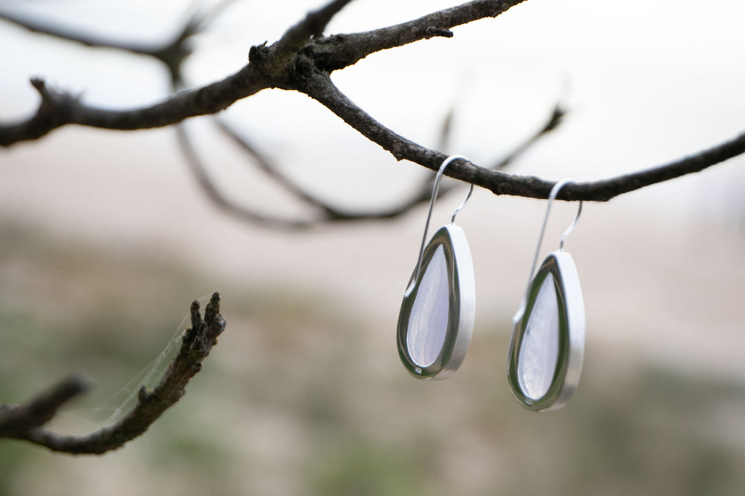 Blue Lace Agate Earrings in Brushed Sterling Silver