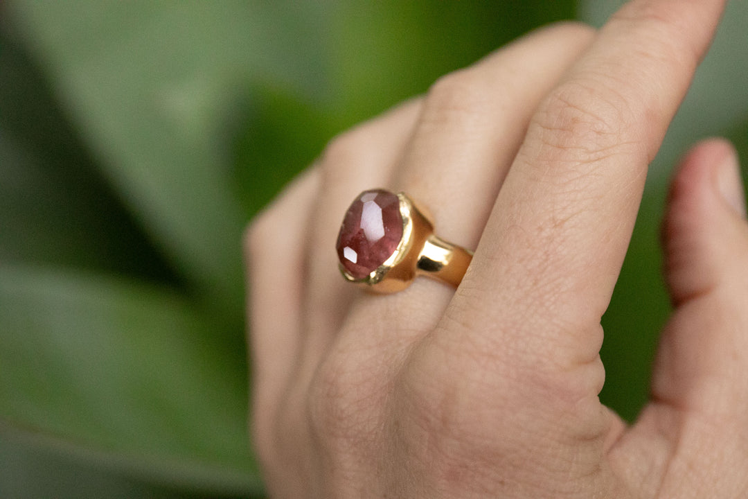 Reserved for Mimi*** Faceted Pink Tourmaline Ring in Gold Plated Sterling Silver - Size 9 US