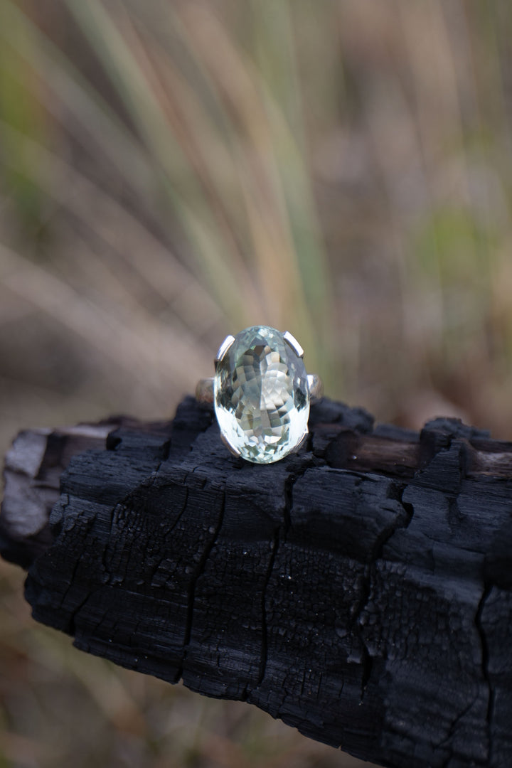 Faceted Green Amethyst Ring in Sterling Silver Setting - Size 8 US