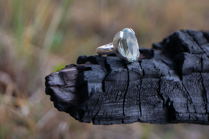 Faceted Green Amethyst Ring in Sterling Silver Setting - Size 8 US
