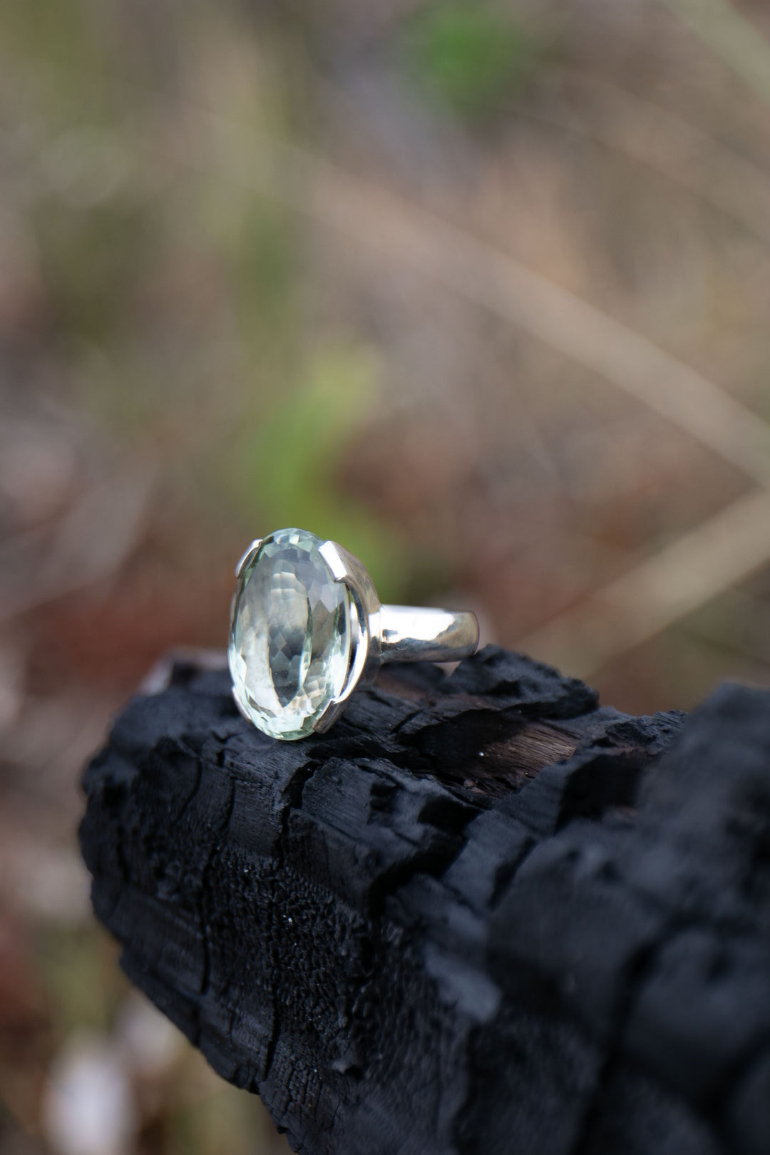 Faceted Green Amethyst Ring in Sterling Silver Setting - Size 8 US