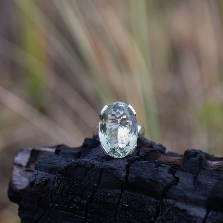 Faceted Green Amethyst Ring in Sterling Silver Setting - Size 8 US