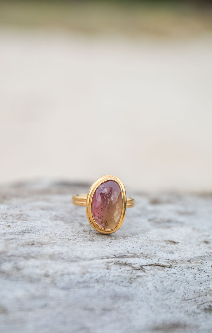 Rose Cut Triple Pink Tourmaline Ring in Gold Plated Sterling Silver Setting - Size 8 US