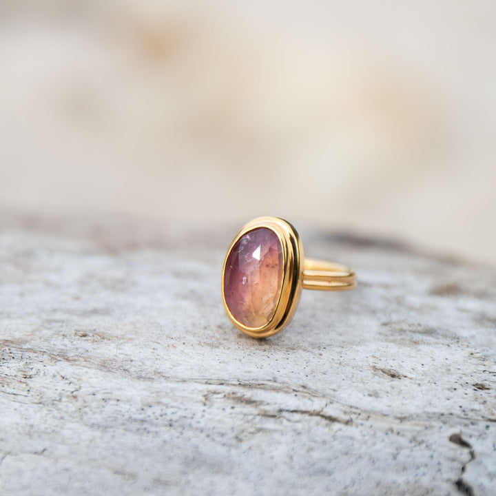 Rose Cut Triple Pink Tourmaline Ring in Gold Plated Sterling Silver Setting - Size 8 US