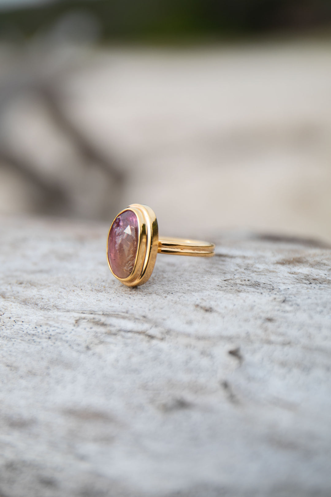 Rose Cut Triple Pink Tourmaline Ring in Gold Plated Sterling Silver Setting - Size 8 US