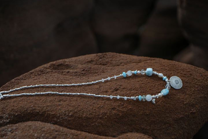 Sweet Larimar, Aquamarine, Rainbow Moonstone, Pearl + Thai Hill Tribe Silver Necklace, with Lotus Pendant