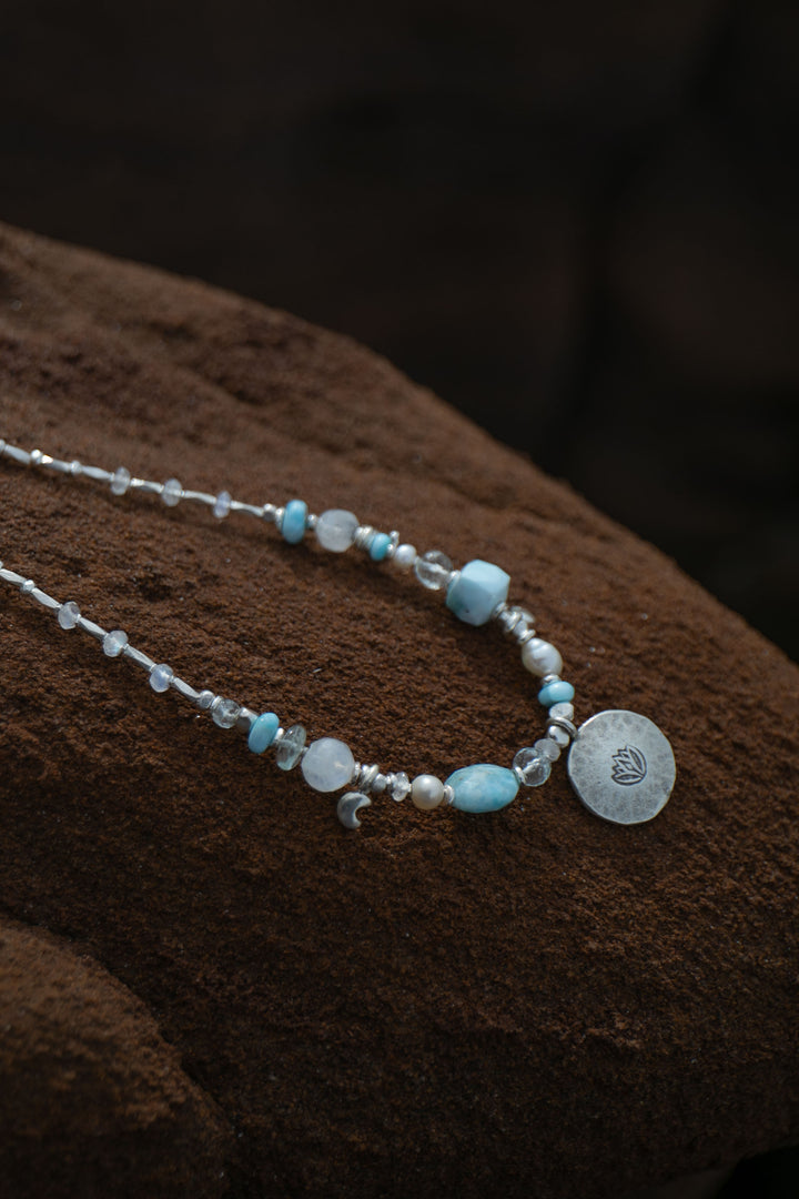 Sweet Larimar, Aquamarine, Rainbow Moonstone, Pearl + Thai Hill Tribe Silver Necklace, with Lotus Pendant