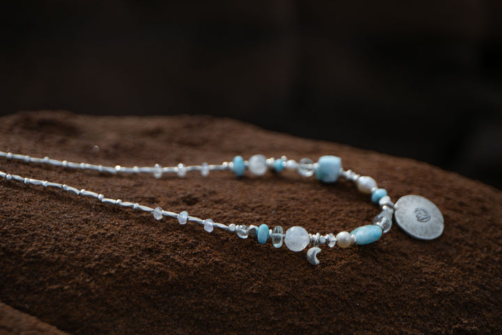 Sweet Larimar, Aquamarine, Rainbow Moonstone, Pearl + Thai Hill Tribe Silver Necklace, with Lotus Pendant
