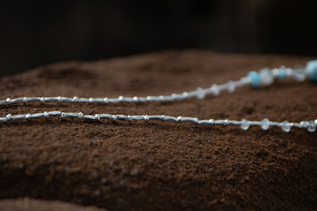 Sweet Larimar, Aquamarine, Rainbow Moonstone, Pearl + Thai Hill Tribe Silver Necklace, with Lotus Pendant