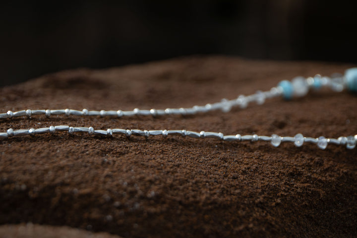 Sweet Larimar, Aquamarine, Rainbow Moonstone, Pearl + Thai Hill Tribe Silver Necklace, with Lotus Pendant