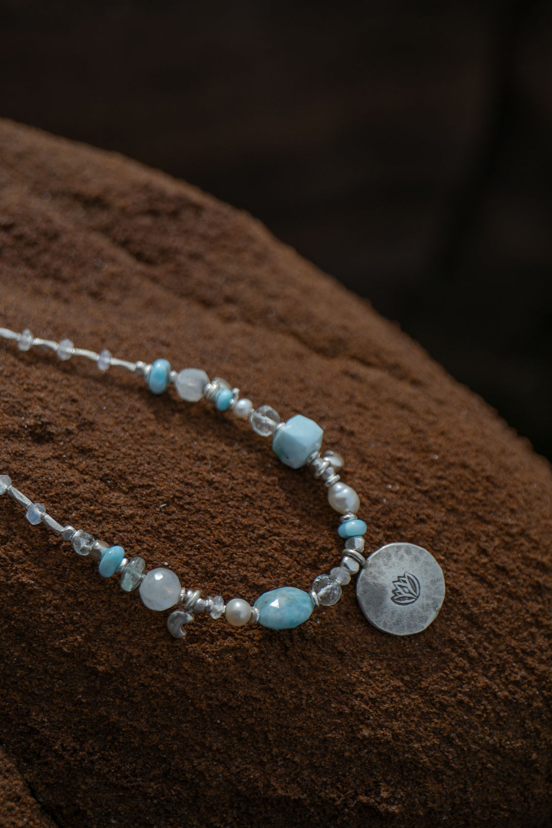 Sweet Larimar, Aquamarine, Rainbow Moonstone, Pearl + Thai Hill Tribe Silver Necklace, with Lotus Pendant