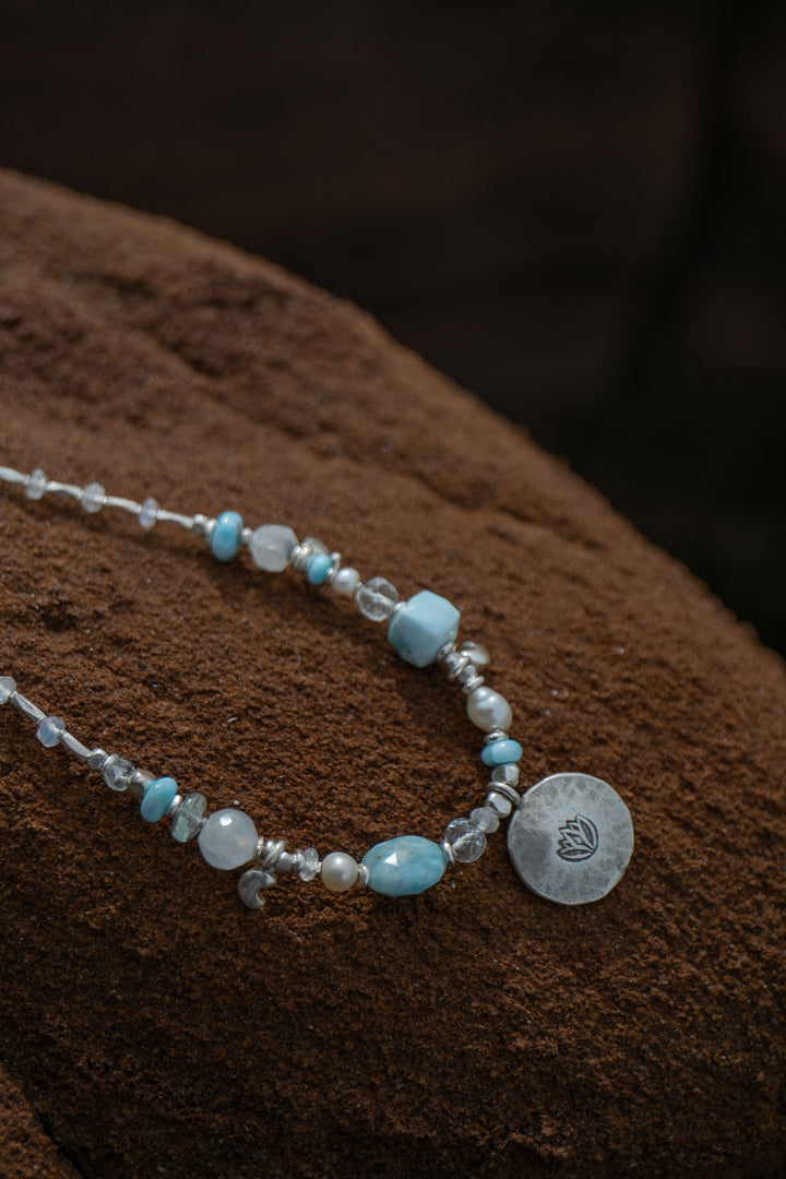 Sweet Larimar, Aquamarine, Rainbow Moonstone, Pearl + Thai Hill Tribe Silver Necklace, with Lotus Pendant