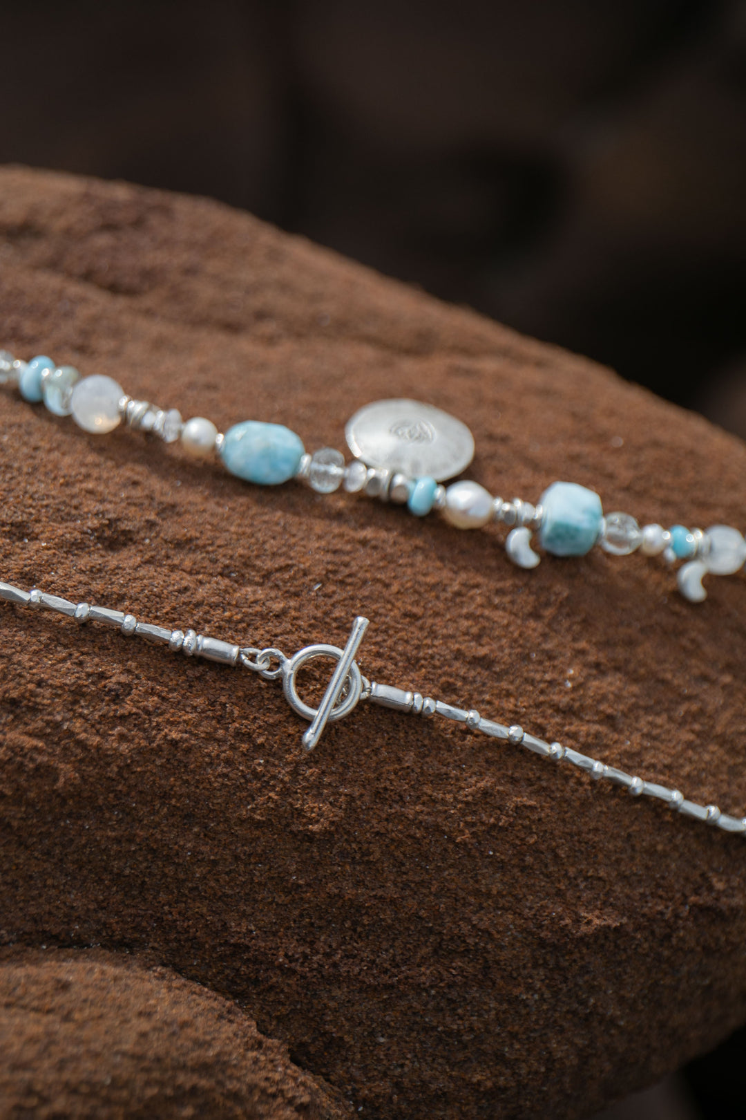 Sweet Larimar, Aquamarine, Rainbow Moonstone, Pearl + Thai Hill Tribe Silver Necklace, with Lotus Pendant
