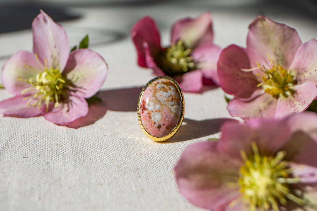 Pink Ocean Jasper Ring in 14k Gold Plated Sterling Silver - Size 8 US