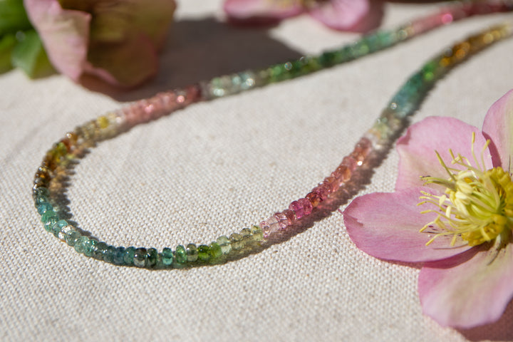 High Quality Graduated Watermelon Tourmaline + Thai Hill Tribe Silver Beaded Necklace