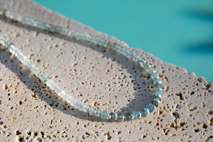 Raw Aquamarine, Moss Aquamarine and Herkimer Diamond Pendant with Aquamarine Beaded Necklace