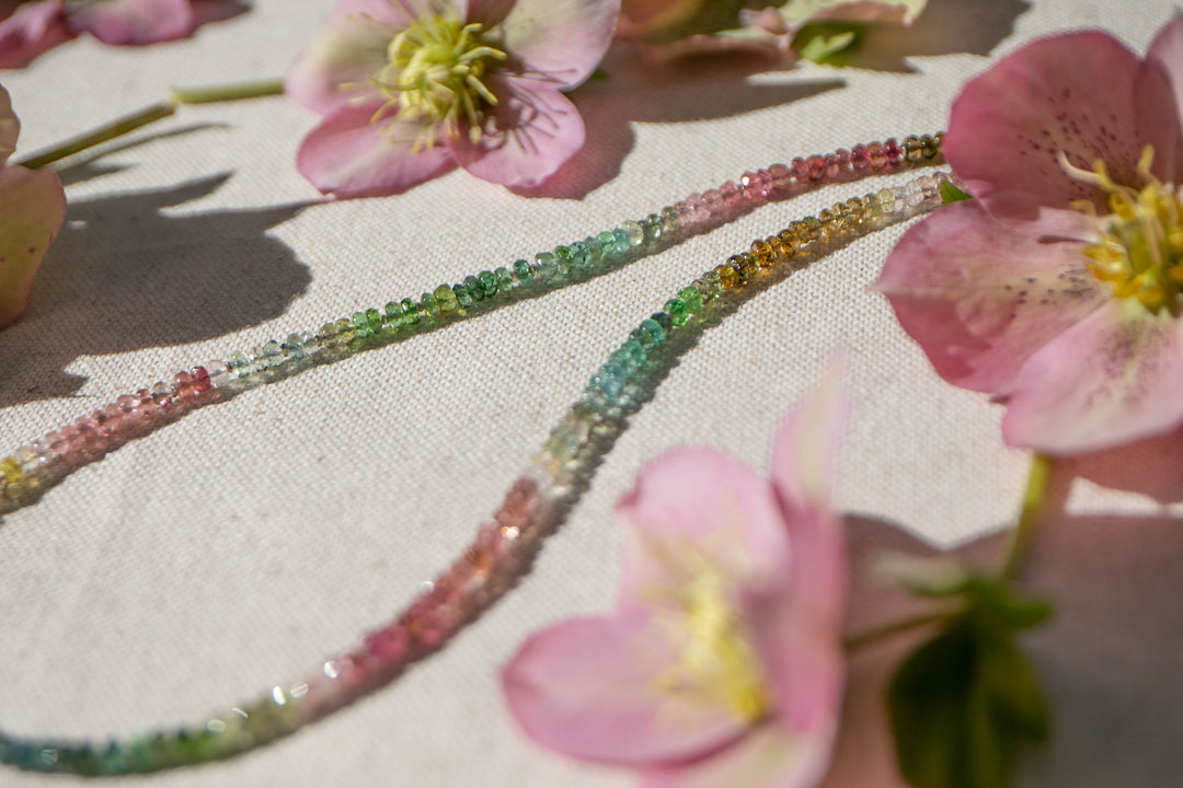 High Quality Graduated Watermelon Tourmaline + Thai Hill Tribe Silver Beaded Necklace