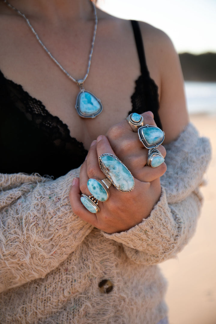 Statement Larimar Ring in Tribal Sterling Silver Setting - Size 9 US