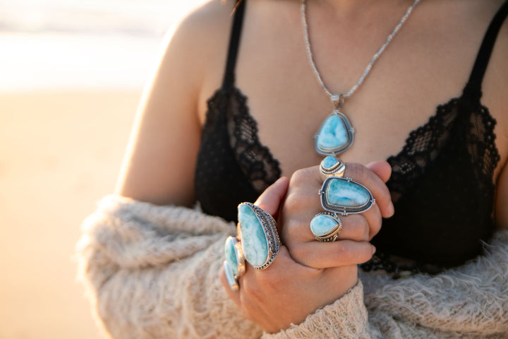 Statement Larimar Ring in Tribal Sterling Silver Setting - Size 9 US