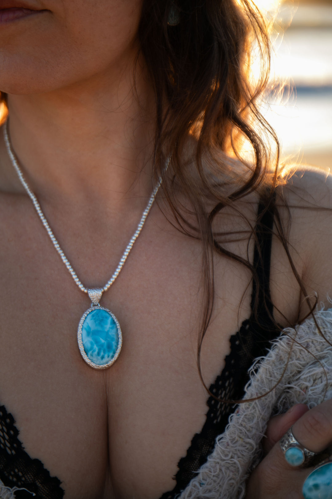 Larimar Pendant in Unique Bezel Silver Setting