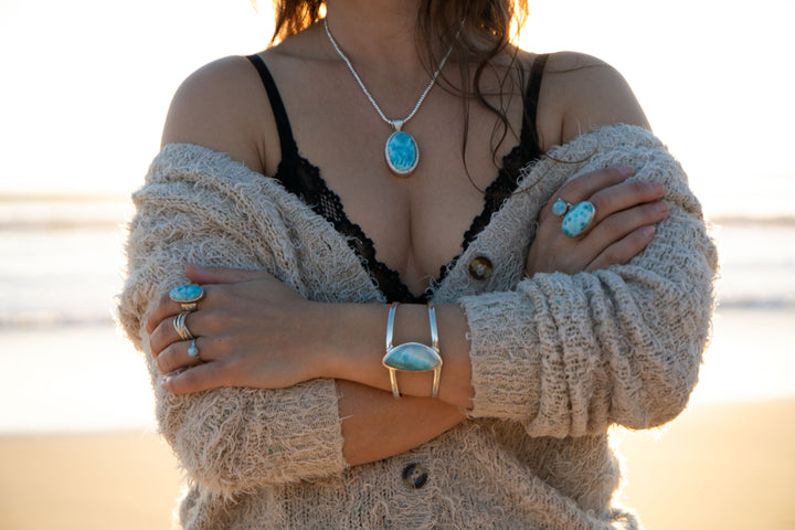 High Grade Oval Larimar Ring set in Sterling Silver - Adjustable Band