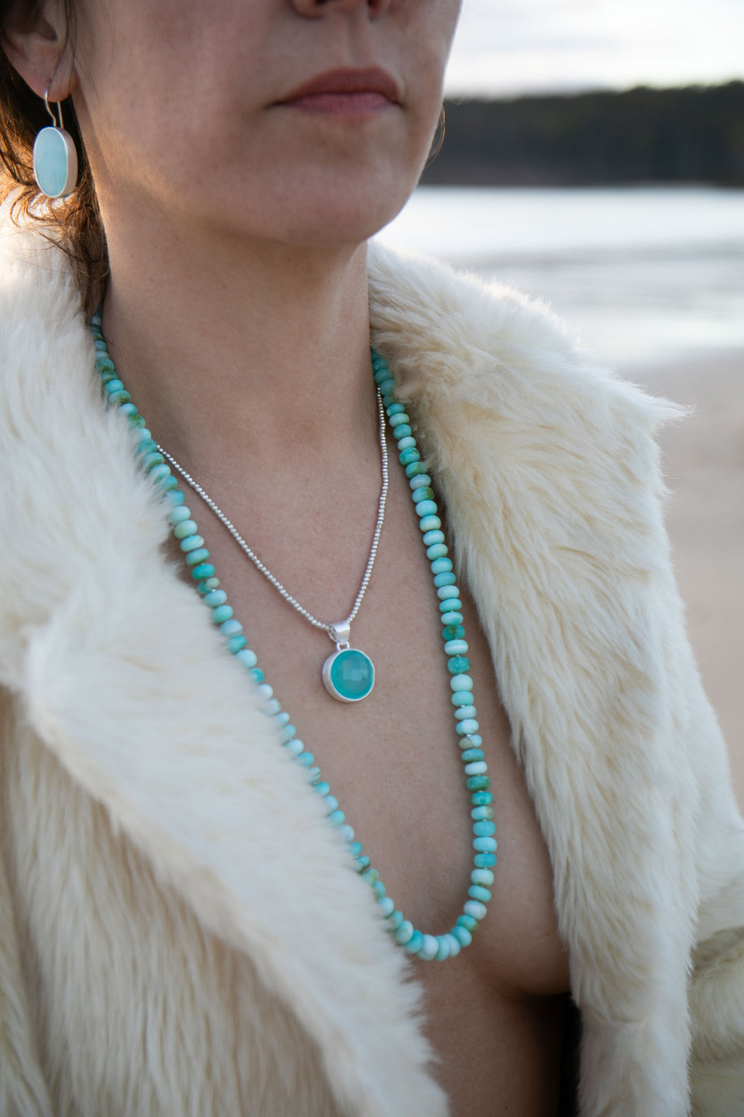 Long Blue Peruvian Opal Necklace with Thai Hill Tribe Silver