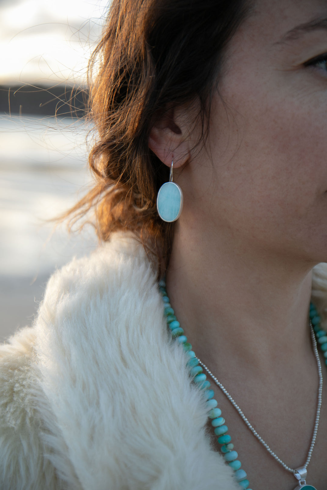 Blue Calcite Earrings in Brushed Sterling Silver