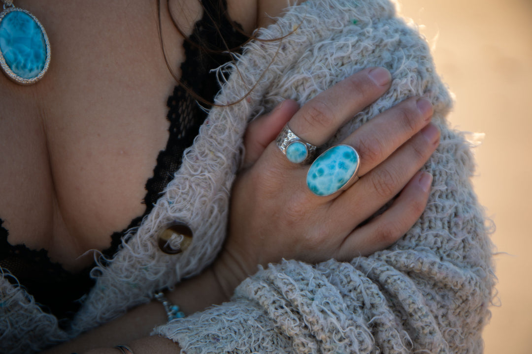 High Grade Oval Larimar Ring set in Sterling Silver - Adjustable Band