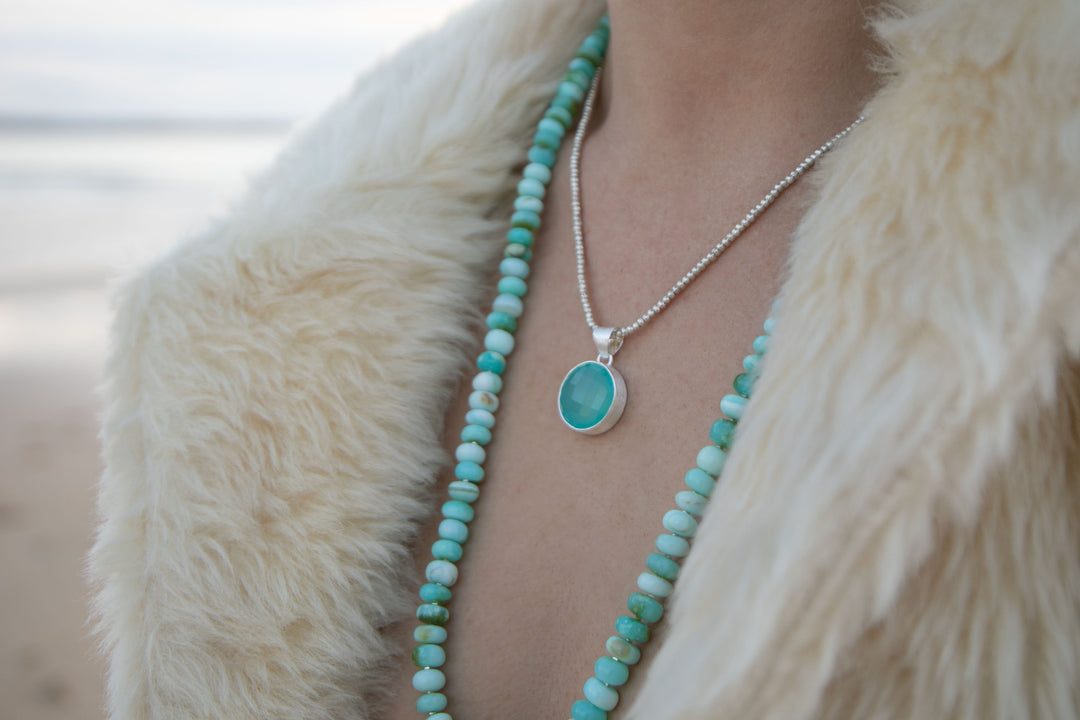 Long Blue Peruvian Opal Necklace with Thai Hill Tribe Silver