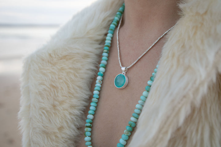 Long Blue Peruvian Opal Necklace with Thai Hill Tribe Silver