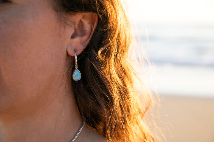 Larimar Charm Earrings on Beaten 92.5% Sterling Silver Stud Hoops