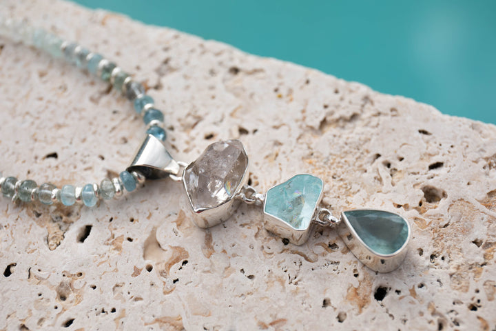 Raw Aquamarine, Moss Aquamarine and Herkimer Diamond Pendant with Aquamarine Beaded Necklace