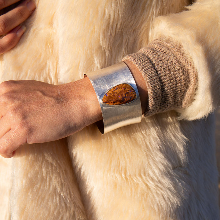 Statement Boulder Opal Bangle in Brushed Sterling Silver